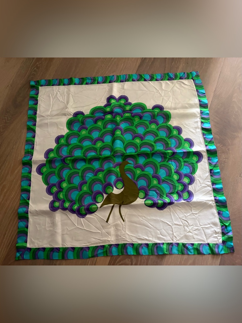 Vintage Peacock Print Silk Scarf - Green, Teal & Purple